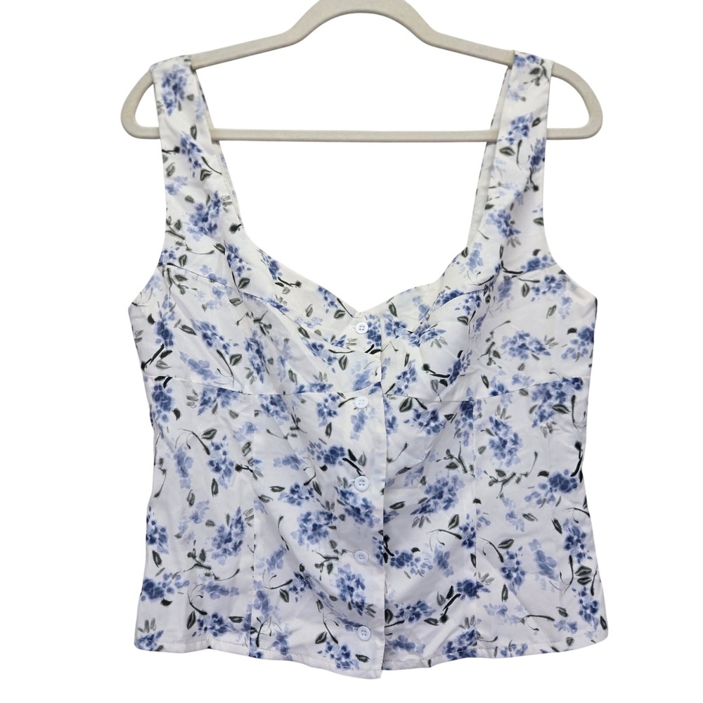 Petal & Pup White Floral Button-Front Crop Top with Blue Flowers